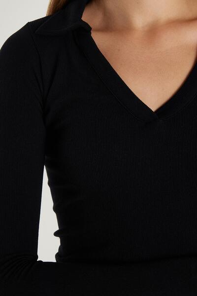 Tudors Women's Slim Fit Slim Fit V-Neck Black Blouse