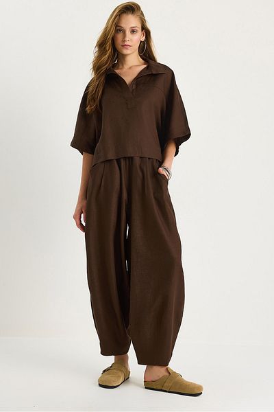Bianco Lucci Women's V-Neck Bat Sleeve Blouse Elastic Waist Pocket Detailed Balloon Trousers Linen Suit 3456 60283473