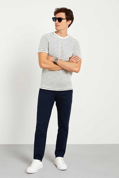 LACİVERTMEN 3005 Ecru Gray Horizontal Stripes Crew Neck T-Shirt, Modern Design for Summer Stylish Casual Combinations