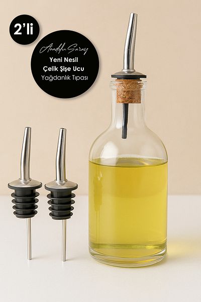 Anadolu Saray 2 Pieces of New Generation Steel Bottle Tip Serving Apparatus Oil Pot Stopper 2-Piece Bottle Tip Oil Pot Stopper