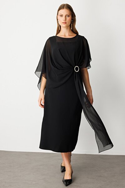 Ekol Kalın Askılı Broşlu Maxi Elbise Siyah