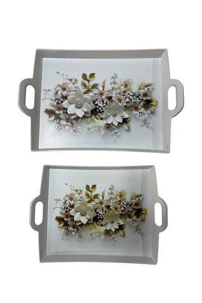 Makri 40X30 and 33X26 cm Decorative and Stylish Flower Patterned Set of 2 Rectangular Presentation Tray