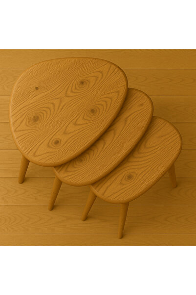 Trihome 3 lü Masif Ahşap Zigon Sehpa Seti Doğal ve Modern Yan Sehpa