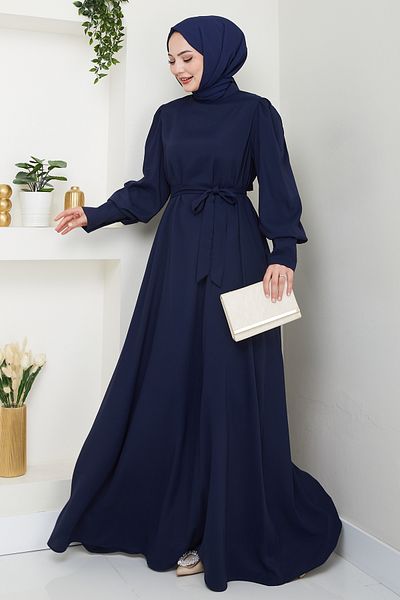 InStyle Balloon Sleeve Plain Model Navy Blue Dress