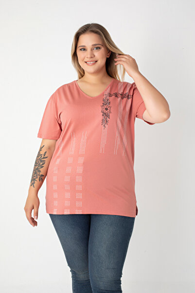 Orly More Printed Slit Cotton Women's V-Neck Plus Size T-Shirt