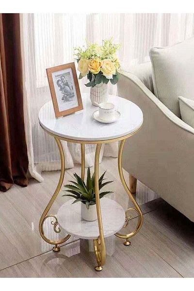 Raffine Multipurpose 2-Tiers Modern Nordic Style Creative Marble Side Table Coffee Table End Table with Meta