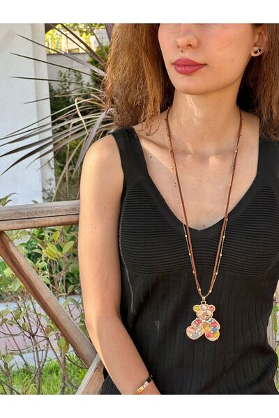 Gönülden Tasarım Colorful Stone Bear Embroidery Women's Necklace 36 cm