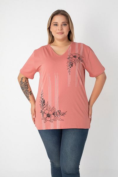 Orly More Printed Slit Cotton Women's V-Neck Plus Size T-Shirt