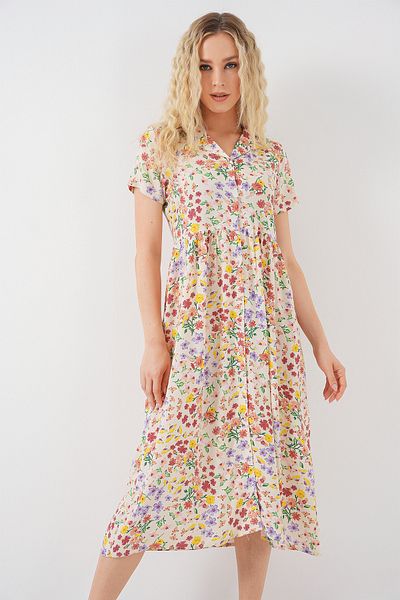 Bigdart Women's Buttoned Short Sleeve Floral Dress 2561 - Cream