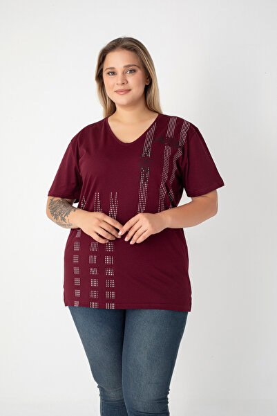 Orly More Printed Slit Cotton Women's V-Neck Plus Size T-Shirt