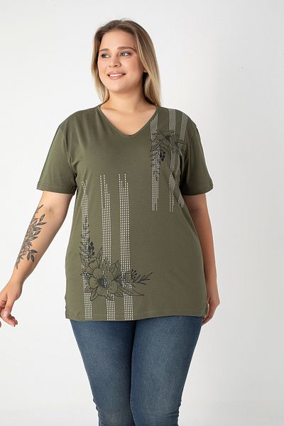 Orly More Printed Slit Cotton Women's V-Neck Plus Size T-Shirt