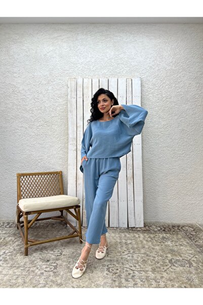 KÜÇÜĞÜM BUTİK Indigo Muslin Trousers Blouse Double Set (Pants-Bluez)