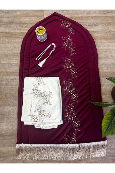 smart home Prayer set consisting of an embroidered padded sponge rug, a prayer sheet, excellent soft, cool material for comfort, an incense burner, and a prayer beads.