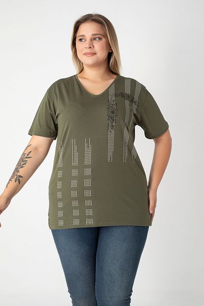 Orly More Printed Slit Cotton Women's V-Neck Plus Size T-Shirt