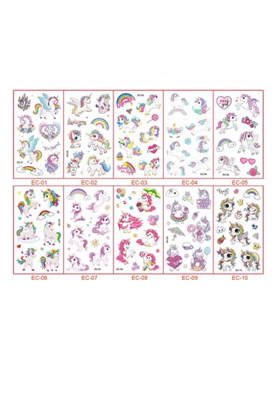 OEM Set 10 folii tatuaje temporare pentru copii, Unicorni