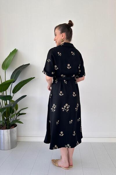 MaziButik Flower Embroidered Dress Black