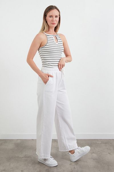 Fulla Moda Pantaloni din Gabardina cu Ciucuri si Talie Elastica