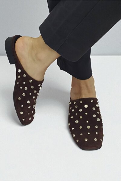 ERS Air Comfort Women's Stone Detailed Brown Genuine Suede Leather Sabo Slippers - Comfortable and Stylish Design