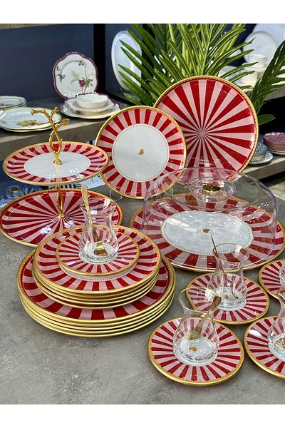 Doğudeko Pink Line 34 Piece Tea Time Service Presentation Set