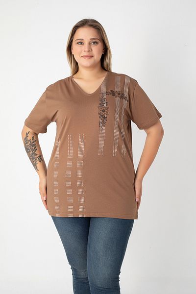 Orly More Printed Slit Cotton Women's V-Neck Plus Size T-Shirt