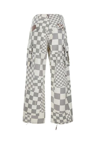 Erl Grey Cargo Jeans With Asymmetric Check Motif In Cotton Denim Man