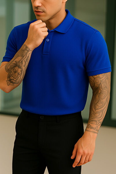 Buteks Unisex Saks Blue Sports Buttoned Βαμβακερό μπλουζάκι με κοντό μανίκι P...