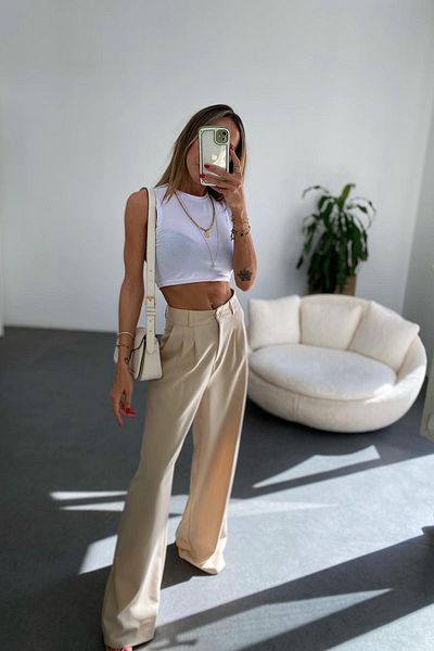 HARMONY GLOBAL Women's Beige High Waist Pleated Palazzo Pants – Straight Cut, Loose-Legged, Stylish and Comfortable Casual Trousers