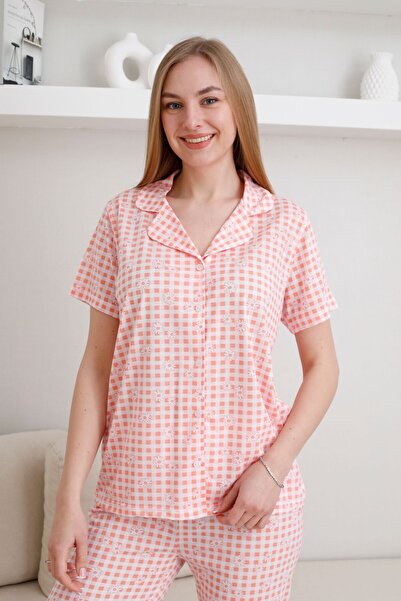 pijamacity Kadın Kısa Kollu Desenli Düğmeli Pijama Takımı