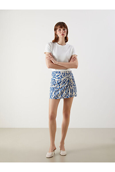 LC Waikiki Peak New Season Patterned Linen Blend Short Skirt with Zipper at t...