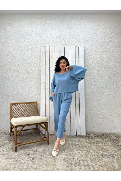 KÜÇÜĞÜM BUTİK Indigo Muslin Trousers Blouse Double Set (Pants-Bluez)
