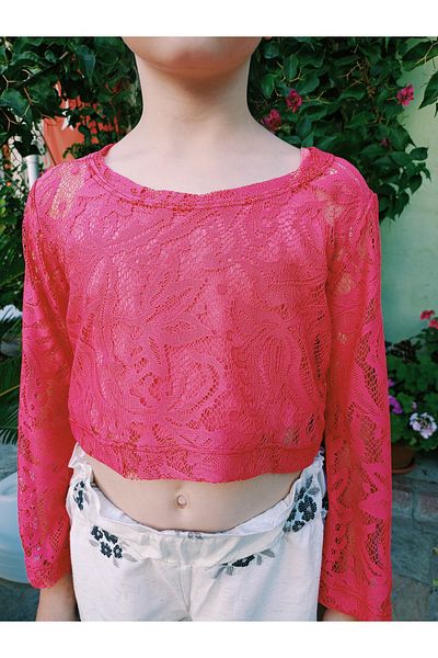 Eylül Lace Crop with Suspender Inside Combed Cotton T-Shirt