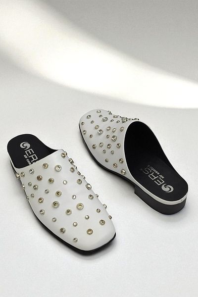 ERS Air Comfort Women's Stone Detailed White Genuine Leather Sabo Slippers - Comfortable and Stylish Design