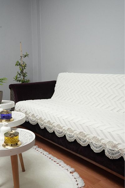 DECORA CASA HOME COLLECTİON Husă de scaun din bumbac de pluș brodat cu dantelă, cu bază de burete, husă de canapea/sofa anti-alunecare |