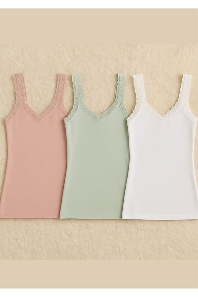 Loule Women's Lace Detailed Modal & Cotton Strap White - Powder - Green 3 Piece Undershirt Ll.K66.O062.001