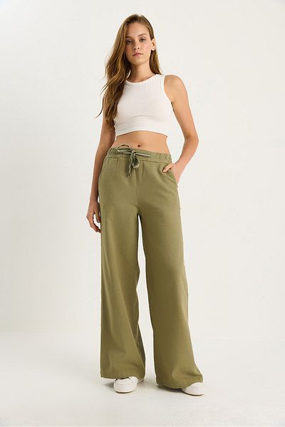 Bianco Lucci Women's Elastic Waist Pocket Detailed Linen Palazzo Trousers Yp5219 60283436