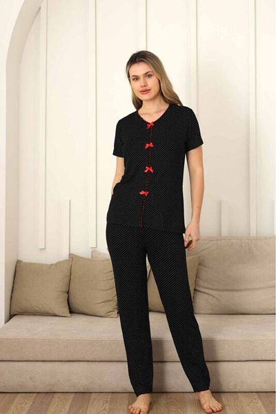 monox Set pijamale cu mânecă scurtă cu buline albe pentru femei
