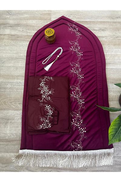 smart home Prayer set consisting of an embroidered padded sponge rug, a prayer sheet, excellent soft, cool material for comfort, an incense burner, and a prayer beads.