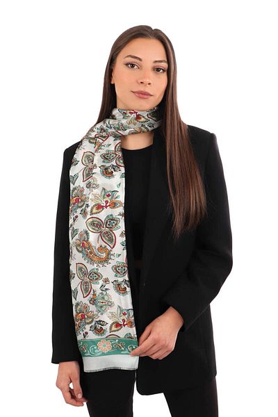 Bursa İpek Green Shawl Pattern Voile Silk Scarf