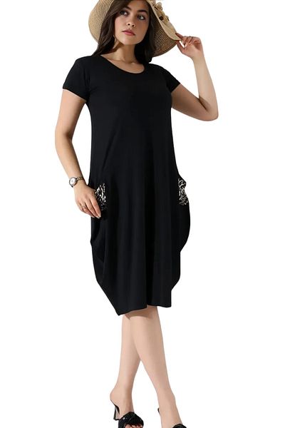 Modasultan Comfortable Fit Bag Pocket Balloon Midi Length Lycra Viscose Combed Cotton Dress