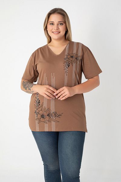 Orly More Printed Slit Cotton Women's V-Neck Plus Size T-Shirt