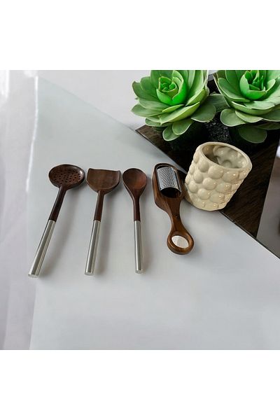 MİEN Acacia Spoon Spatula Grater Set 5 Pieces-Acacia Set and Ceramic Stand