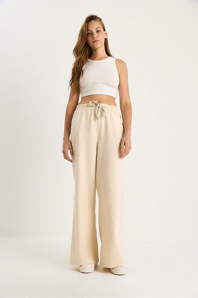 Bianco Lucci Women's Elastic Waist Pocket Detailed Linen Palazzo Trousers Yp5219 60283436