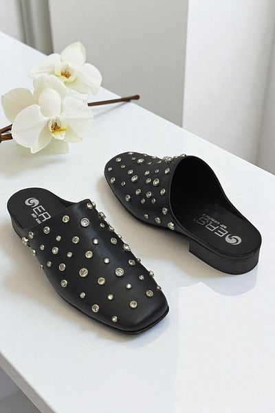 ERS Air Comfort Women's Stone Detailed Black Genuine Leather Sabo Slippers - Comfortable and Stylish Design
