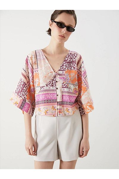 LC Waikiki Lcw Vision Double Breasted Collar Patterned Modal Blend Crop Blouse (S5)