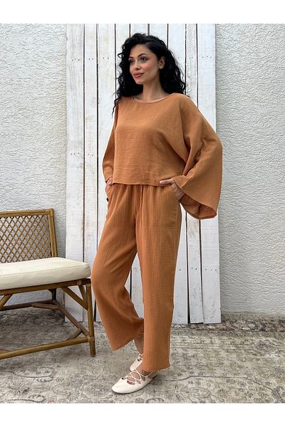KÜÇÜĞÜM BUTİK Set de două piese bluză pantaloni de muselină Camel (PANTALON-BLUEZ)