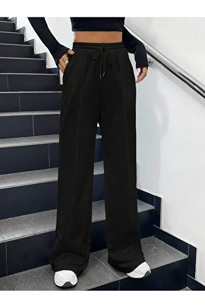 LOSSİA Γυναικείο μαύρο φαρδύ παντελόνι φόρμας μεγάλου μεγέθους, υψηλής ποιότη...