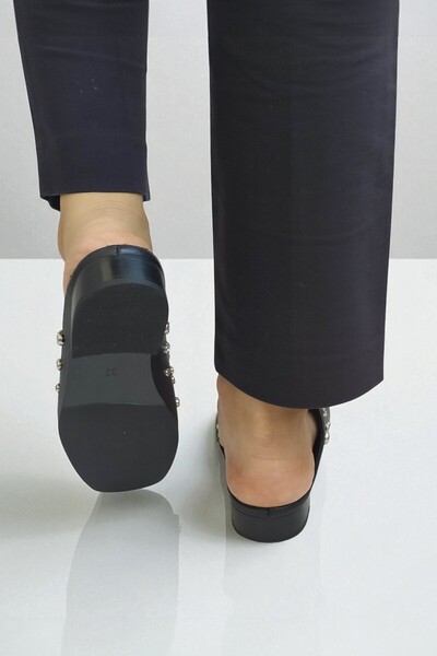 ERS Air Comfort Women's Stone Detailed Black Genuine Leather Sabo Slippers - Comfortable and Stylish Design