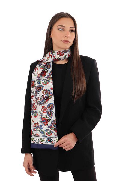 Bursa İpek Navy Blue Shawl Pattern Voile Silk Scarf