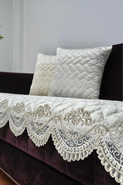 DECORA CASA HOME COLLECTİON Husă de scaun din catifea de lux cu model matlasat brodat din dantelă cu bază anti-alunecare