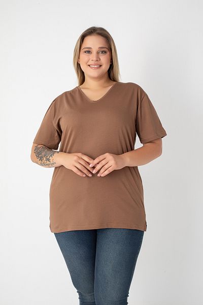 Orly More Slit Cotton Women's V-Neck Plus Size T-Shirt